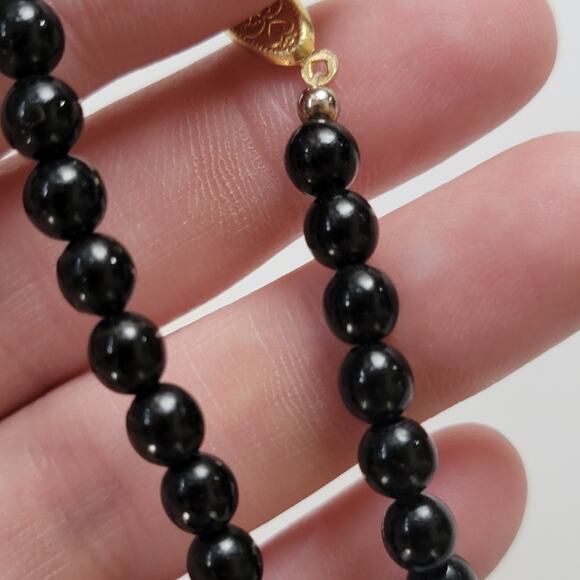 Vintage Black Beaded Necklace with Gold Filigree Clasp Elegant Statement Jewelry - Picture 7 of 10